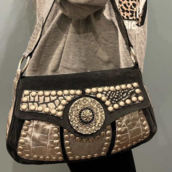 Leatherock Suede Rhinstone Medallion Croc /Snake Embossed Bag - Picture 14 of 17